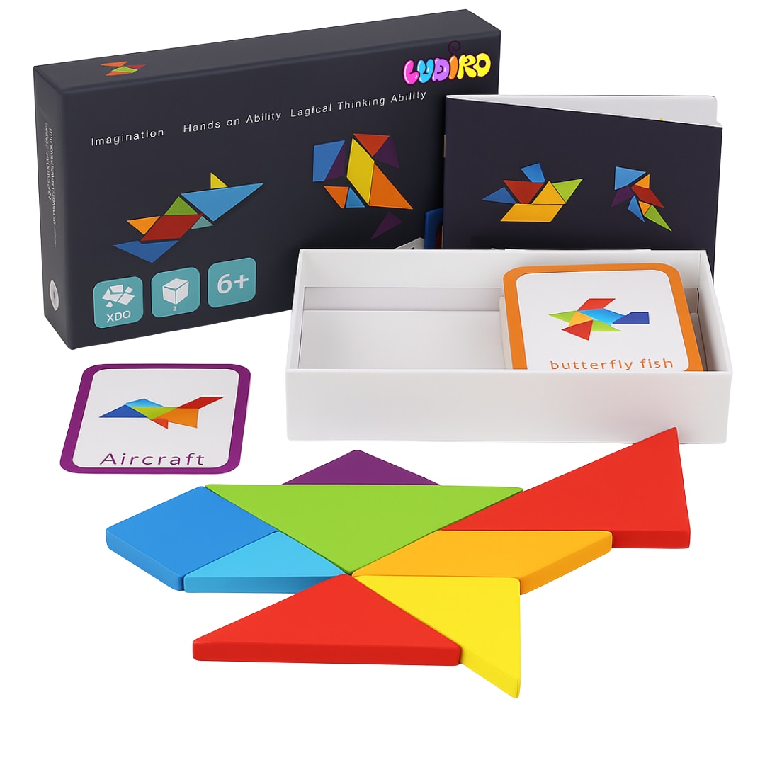 Set Tangram pentru Copii Ludiro, Puzzle Educativ Montessori, 60 de