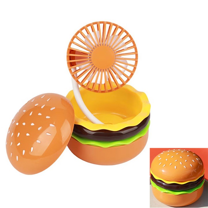 Ventilator portabil, ventilator de machiaj, 3 viteze， forma burger, cu oglinda, 360°, reincarcabil prin USB