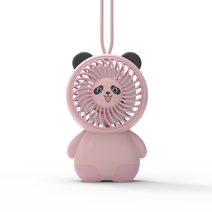 Hordozható ventilátor, 3 sebességfokozat, hordozható/asztali, kábellel, USB-n újratölthető, rózsaszín (6,5x4x10cm)