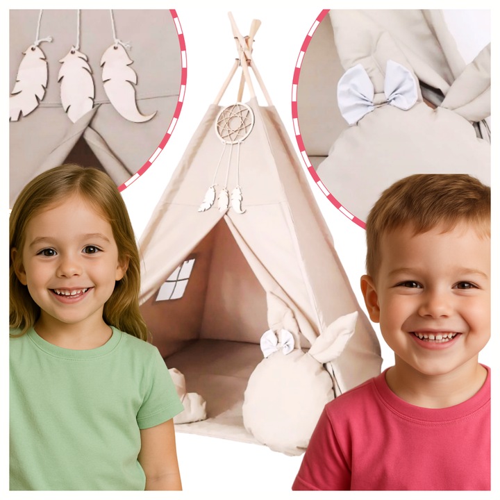 Cort pentru copii Teepee cu 3 perne Cloud Bunny Dream Catcher Bej