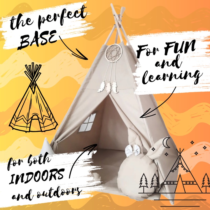 Cort pentru copii Teepee cu 3 perne Cloud Bunny Dream Catcher Bej