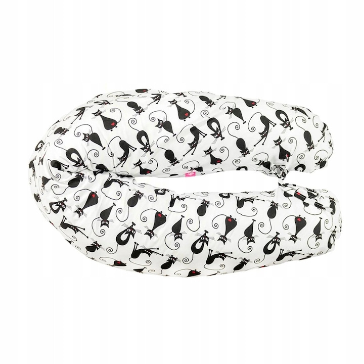 Perna de alaptare, model pisicute, alb/negru, 170x35cm, hipoalergenica, cu husa detasabila