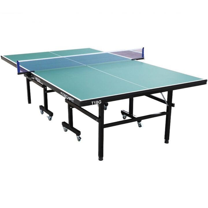Masa tenis pentru interior Techfit 18mm, set 2 palete incluse+3 mingi antrenament, pliabila,verde