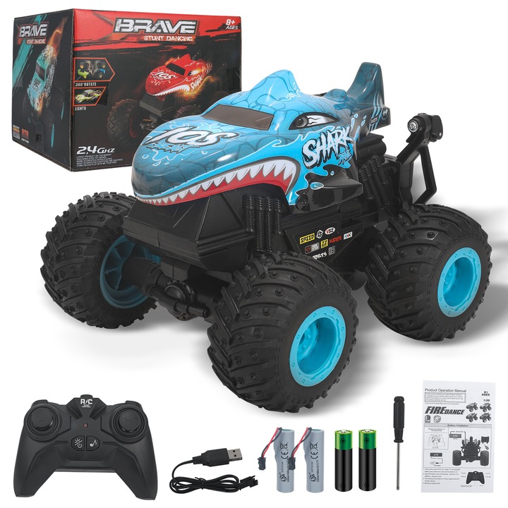 Panoleap Masinuta Monstru cu Telecomanda – Masina RC 2.4GHz cu Lumini si Muzica, Cascadorii 360°, Dans, 2 Baterii, Jucarie Off-Road Rechin, Cadou Perfect pentru Copii, Baieti si Fetite, Albastru