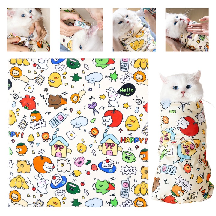 Пелени за котки за груминг, Пелени за котки за подрязване на нокти, Платнена пелена за бурито за подрязване на нокти, Против надраскване, Против бягство, Многофункционален инструмент за повиване на домашни любимци, 55 x 55 см