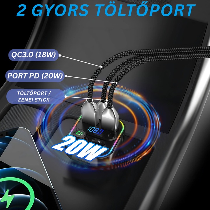FM Modulátor NETSTAT® Autós Kit Bluetooth 5.3, Transzmitter FM Auto 2 Port QC 3.0 + PD 20W, MP3 Lejátszó Kihangosító, Digitális Kijelző RGB, Külső Mikrofon, USB/TF, 12-24V Apple Android GPS EQ, Gyorstöltő, Fekete