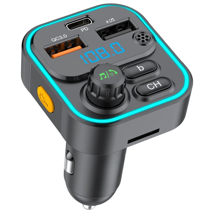 FM Modulátor NETSTAT® Autós Kit Bluetooth 5.3, Transzmitter FM Auto 2 Port QC 3.0 + PD 20W, MP3 Lejátszó Kihangosító, Digitális Kijelző RGB, Külső Mikrofon, USB/TF, 12-24V Apple Android GPS EQ, Gyorstöltő, Fekete