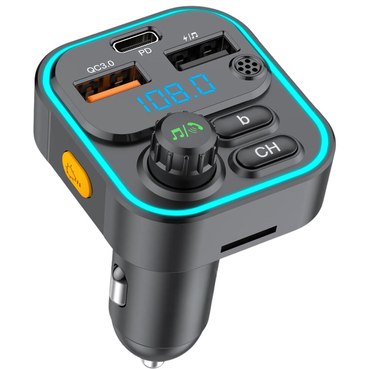 FM модулатор NETSTAT® Bluetooth 5.3 за кола, FM трансмитер с бързо зареждане QC 3.0 + PD 20W, MP3 плейър, комплект за свободни ръце, RGB LED дисплей, външен микрофон, USB/TF, зарядно за кола 12-24V, черен