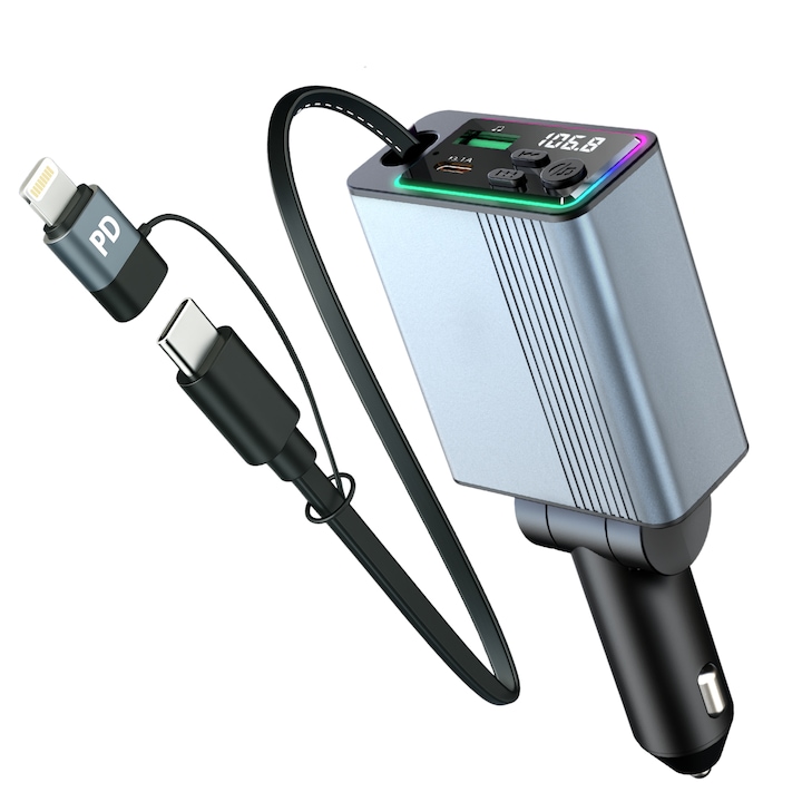 Modulator FM NETSTAT® Car Kit Bluetooth 5.3, Transmitator FM Auto Cablu Retractabil 2 Porturi QC 3.0 + PD 30W, Incarcator Auto, MP3 Player Hands-Free, Afisaj Digital, Microfon Extern, 12-24V, Compatibil cu Apple/ Android, Gri