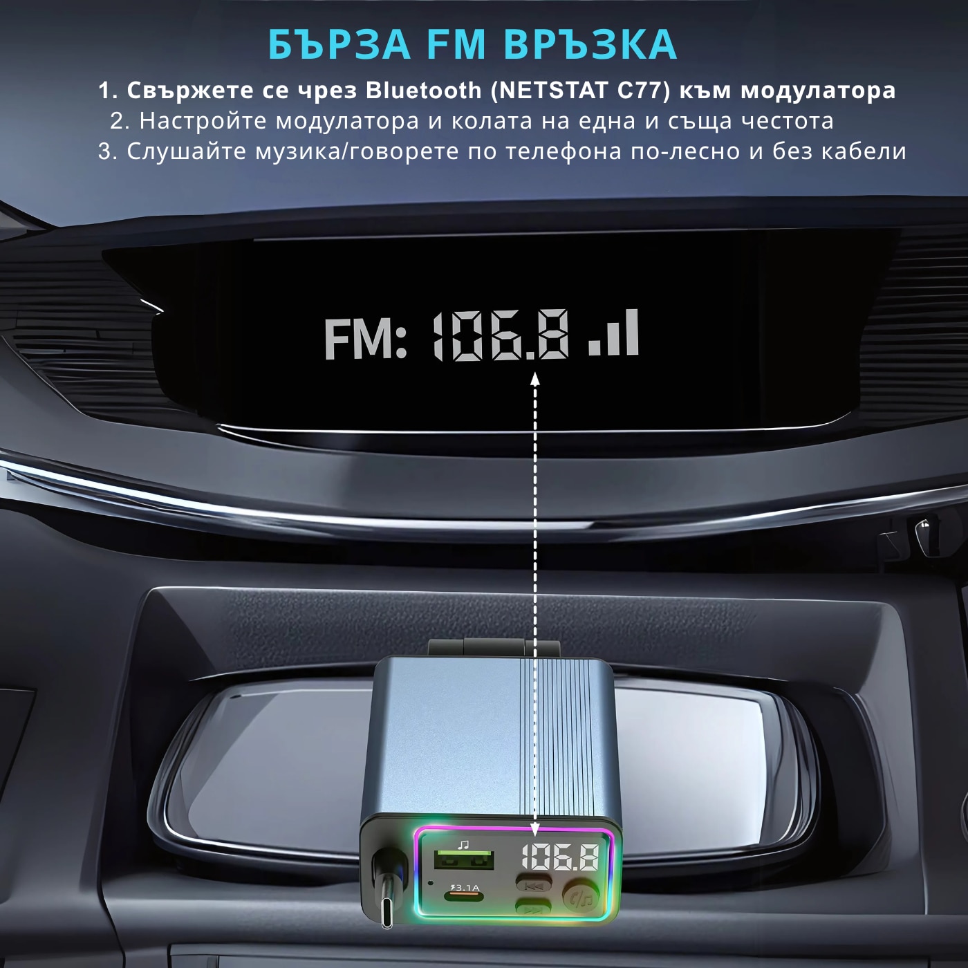 Netstat Iphone FM трансмитер NETSTAT® Bluetooth 5.3 за кола, Car Kit с прибиращ се ...