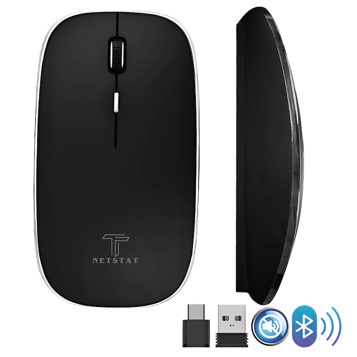 Безжична мишка NETSTAT®, безжична, безшумно щракване, тънка и преносима, връзка с 3 устройства чрез 2.4GHz приемник тип USB-C, USB-A и Bluetooth 5.1, DPI 1600, съвместима с Win/MacOS, батерия 450mAh, ергономична, идеална за офис и дом, черна