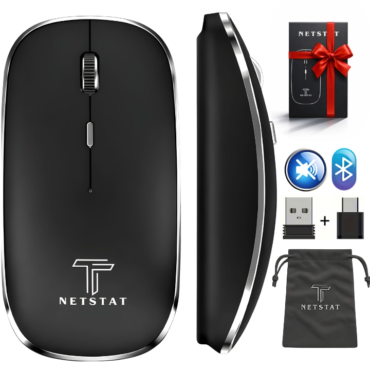 Mouse Wireless NETSTAT®️, Mouse cu Click Silentios, Multi-device 3 Conexiuni, Fara Fir, Mouse Tip C & USB-A, Mouse Bluetooth 5.1, Mouse Slim & Portabil, Baterie 450mAh, Mouse 2.4GHz, Ergonomic, Mouse Gaming, DPI 1600, Mouse Office, Negru