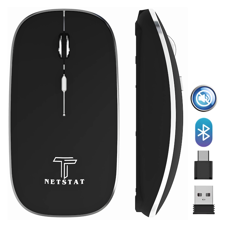 Безжична мишка NETSTAT®, безжична, безшумно щракване, тънка и преносима, връзка с 3 устройства чрез 2.4GHz приемник тип USB-C, USB-A и Bluetooth 5.1, DPI 1600, съвместима с Win/MacOS, батерия 450mAh, ергономична, идеална за офис и дом, черна