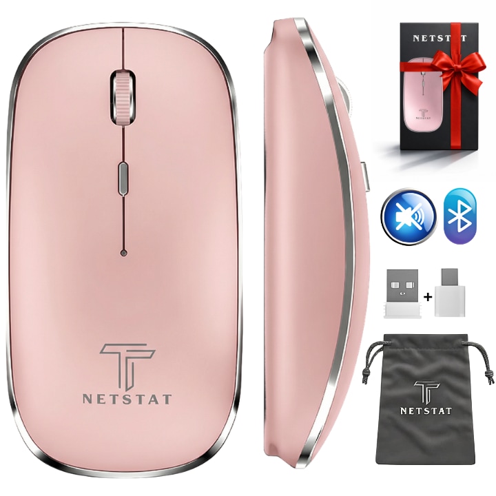 Mouse Wireless NETSTAT®️, Mouse cu Click Silentios, Multi-device 3 Conexiuni, Fara Fir, Mouse Tip C & USB-A, Mouse Bluetooth 5.1, Mouse Slim & Portabil, Baterie 450mAh, Mouse 2.4GHz, Ergonomic, Mouse Gaming, DPI 1600, Mouse Office, Roz