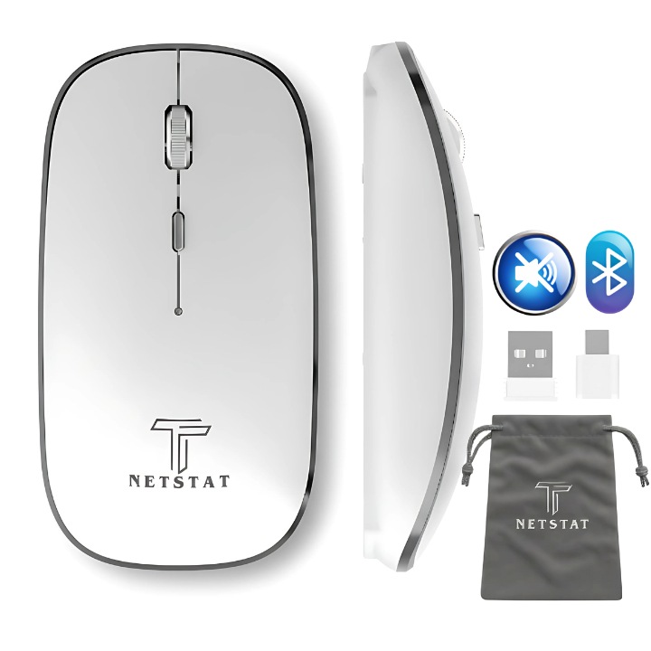 Безжична мишка NETSTAT, Мишка с Безшумен Клик, Multi-device 3 Връзки, Безжична Мишка, Мишка Type C, Bluetooth 5.1 Мишка, USB Мишка, Слим и Портативна, Батерия 450mAh, 2.4GHz Мишка, Ергономична, Gaming Мишка, DPI 1600, Office Мишка, Бяла