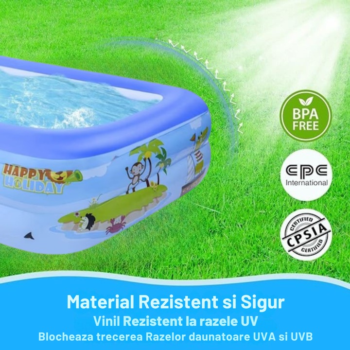 Piscina Gonflabila Pentru Copii Gardeon® M, Dimensiuni 115 x 85 x 30 cm, Dreptunghiulara, Albastru-Alb, Material Premium Vinil, Instalare Rapida si Simpla, 2 Inele Gonflabile, Baza Gonflabila Pentru Un Plus De Confort
