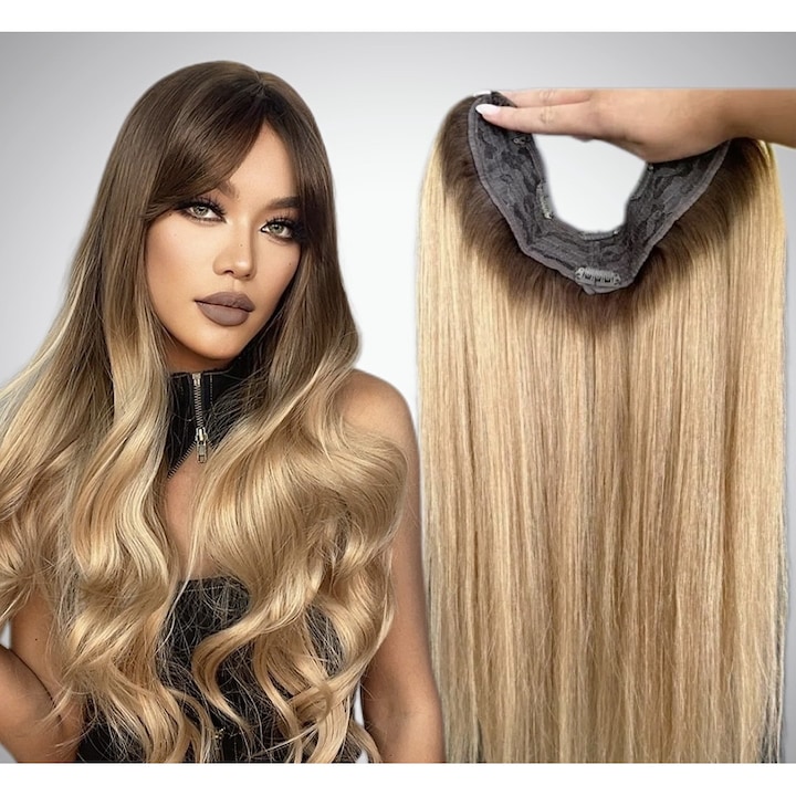 Extensie de par Oskar Shop V-Shape, 60 cm, OMBRE Saten inchis/ Blond Mediu, 5 miniclipsuri, volum natural