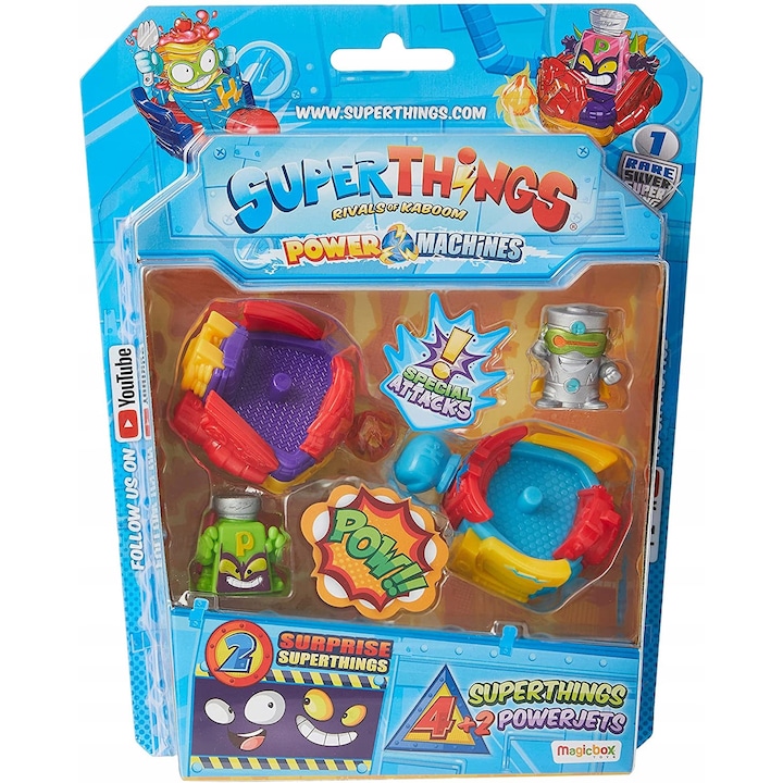 Комплект фигурки SuperThings Power Machines – 1 PowerJet + 4 фигурки (включително 1 сребърна фигурка) – Изненадващ колекционерски блистер за деца над 5 години
