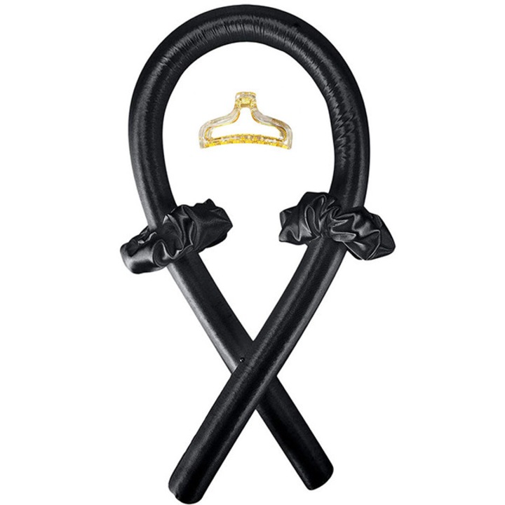 Hőmentes hajgöndörítő szett, 2 selyem hajgumival és 1 hajcsattal, fekete