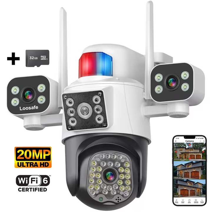 Loosafe® QuadView Sentinel безжична CCTV четворна камера за наблюдение, 20MP, външна/вътрешна, Ultra HD, 5X увеличение, ротация, LED светлини, WiFi функция, PTZ, двупосочна комуникация, сензор за движение, нощно виждане, сирена, черен