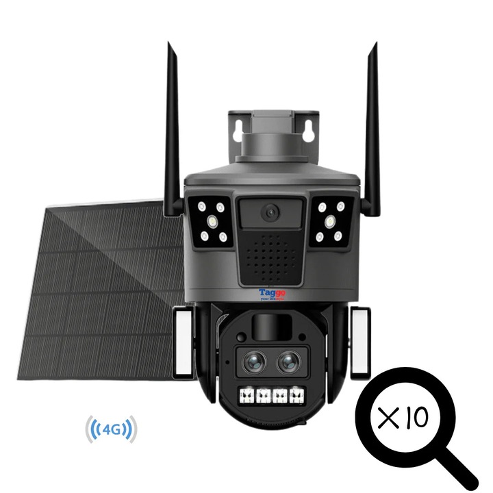 Camera de Supraveghere Solara 4G Cartela SIM 4K, Zoom 10X, Panou Solar 14W, Rezistenta La Apa IP 66