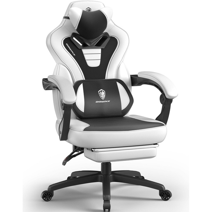 Scaun Gaming Ergonomic Premium DOWINX®, Suport Lombar Cu Masaj USB, Sezut Cu Arcuri Metalice, Tapiterie PU, Spatar Inalt, Recliner 90-145°, Tetiera Supradimensionata, Buzunar Depozitare, Suport Picioare, Rezistenta 150 Kg, Scaun Gaming Alb/Negru