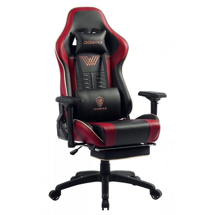 Scaun Gaming Ergonomic Premium DOWINX®, Perna Lombara Cu Masaj USB, Tapiterie Piele PU Respirabila, Recliner 90-170°, Suport Picioare, Perne Reglabile Lombara Si Cervicala, Cotiere 4D Ajustabile, Cadru Solid Rezistent 150 Kg, Scaun Gaming Negru/Rosu