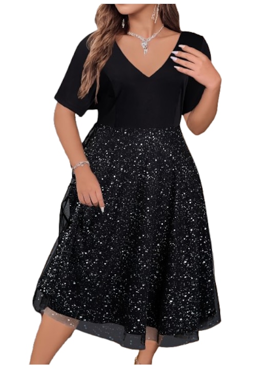 Rochie eleganta de seara, midi, cu decolteu in V, neagra, marime 4XL