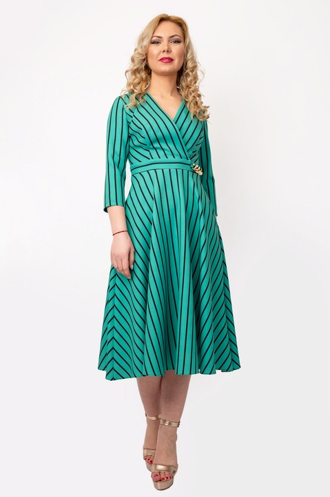 Rochie Dama Ilinca - Verde, Cu Buzunare si Dungi Negre, Verde inchis