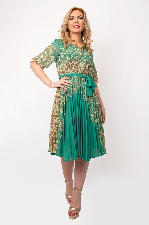 Rochie Dama Flavia Verde Cu Model Inflorat, Verde, S