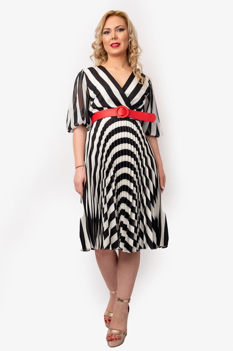 Rochie Dama Anabel Cu Fusta Plisata, Alb/Negru