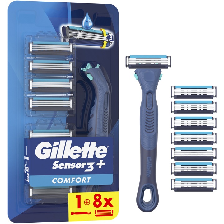 Самобръсначка Gillette Sensor 3+ Comfort, Дръжка + Резерви 8 броя