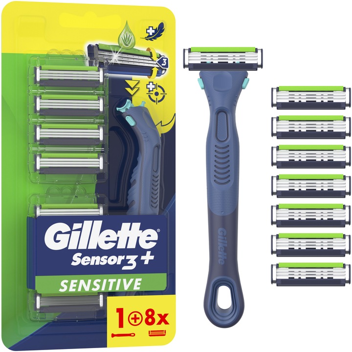 Самобръсначка Gillette Sensor 3+ Sensitive, С пълнители и ергономична дръжка, (Дръжка + 8 пълнителя)