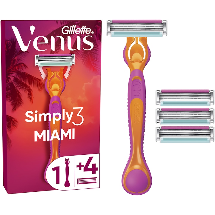 Самобръсначка Gillette Simply Venus 3 Miami, За жени, Дръжка + Резерва 4 броя