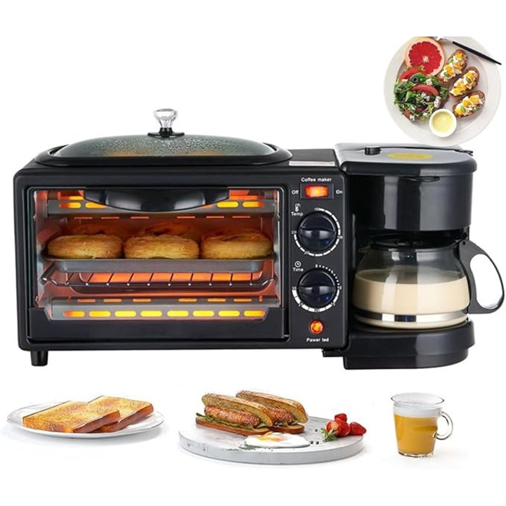 Aparat Mic Dejun Electric, Multifunctional 3 in 1, Cuptor 9L, Grill, Aparat De Cafea, Capac Inclus, 600ml, EMATTERIO®