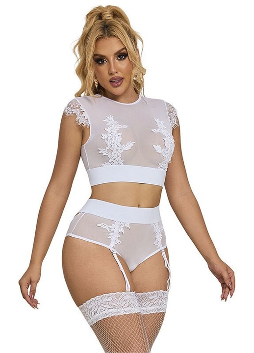 Set lenjerie sexy, Subblime, sutien + chiloti cu porteriera, alb, materiale de inalta calitate, S-M INTL