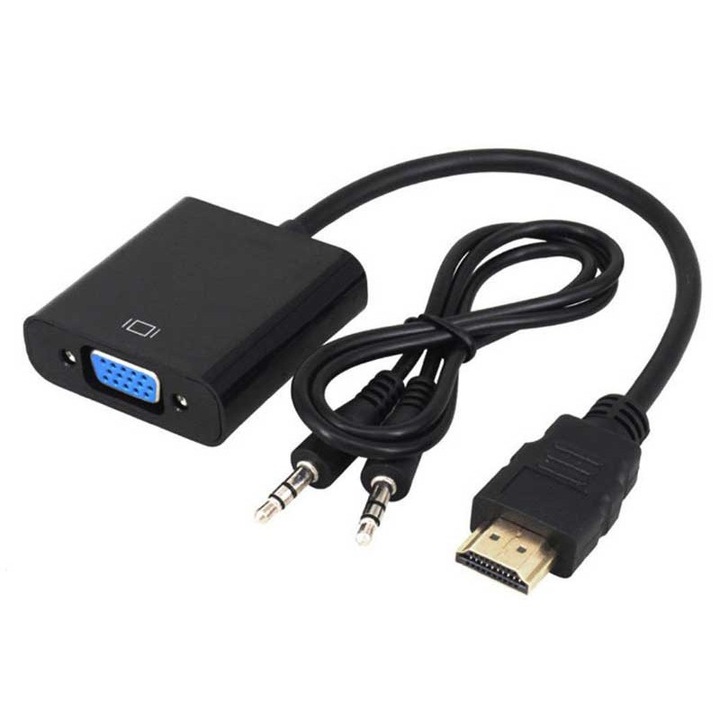 Adaptor convertor HDMI tata la VGA mama, jack 3.5 mm audio mama, cablu audio, 25 cm, negru, Dactylion®