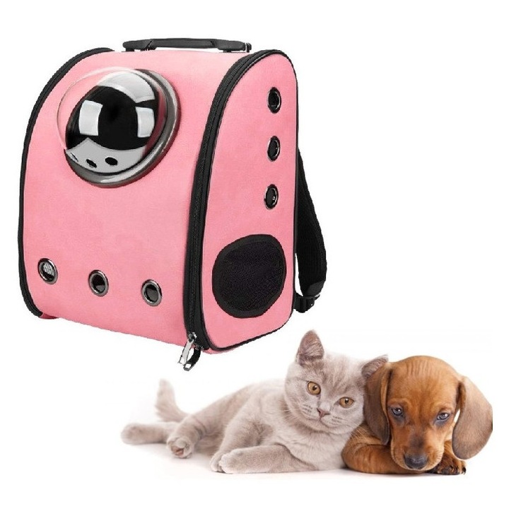 Rucsac transport animale de companie, greutate Max 7 kg, 2 iesiri, pentru talie medie, piele ecologica, roz, HAPPY JOKER®