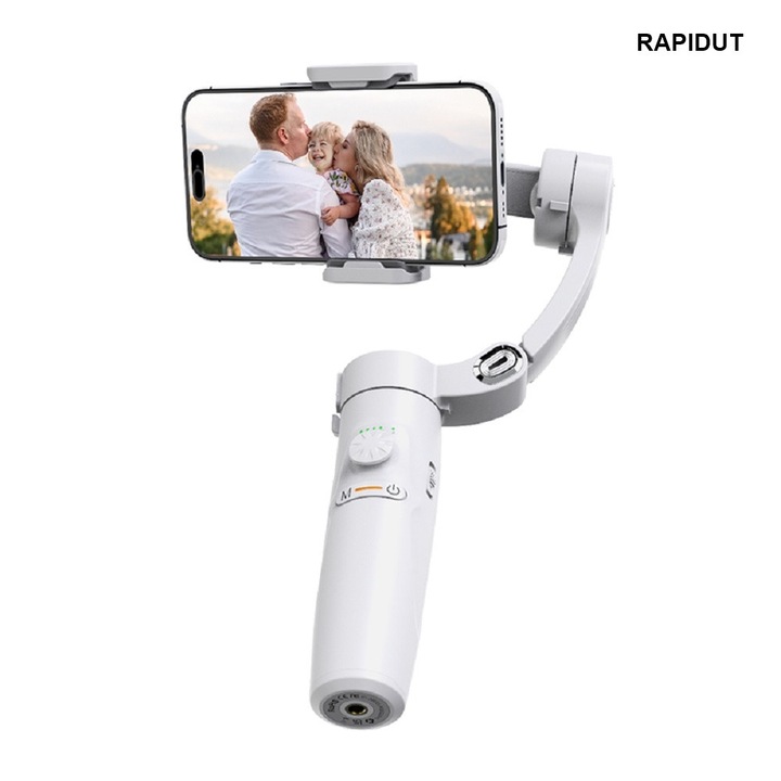 Képstabilizáló rendszer, RAPIDUT®, Gimbal, Telefonhoz, Összecsukható, Kompakt, Arckövetés, Loomon M2, Végtelen zoom, 3 tengelyes, Állványtartó, Hordozható, 5V, Fehér