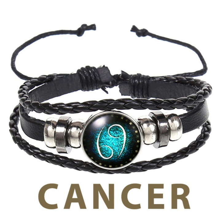 Bratara din piele naturala cu pandativ zodiacal, unisex, reglabila, zodia rac