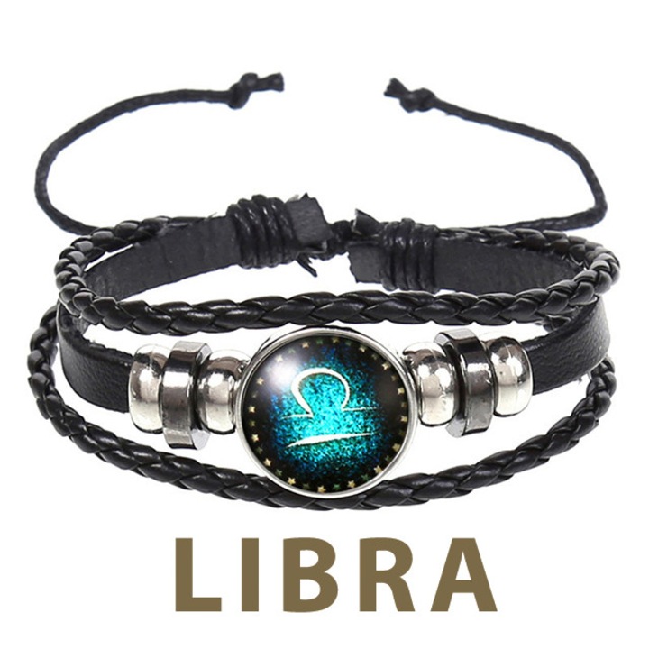 Bratara din piele naturala cu pandativ zodiacal, unisex, reglabila, zodia balanta