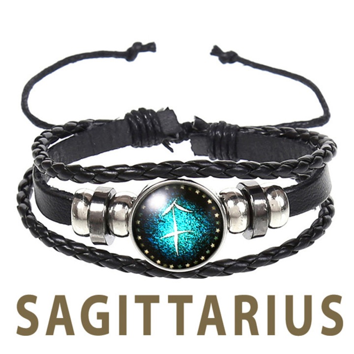 Bratara din piele naturala cu pandativ zodiacal, unisex, reglabila, zodia sagetator