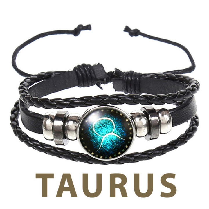 Bratara din piele naturala cu pandativ zodiacal, unisex, reglabila, zodia taur