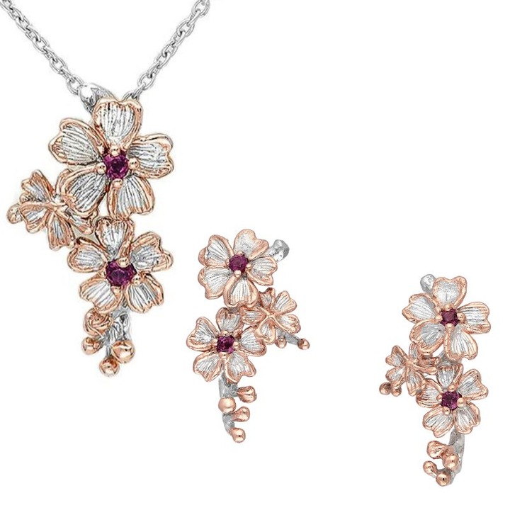 Set argint Floare de Cires cu rodolit, placaj aur roz 22K si rodiu - cercei, colier