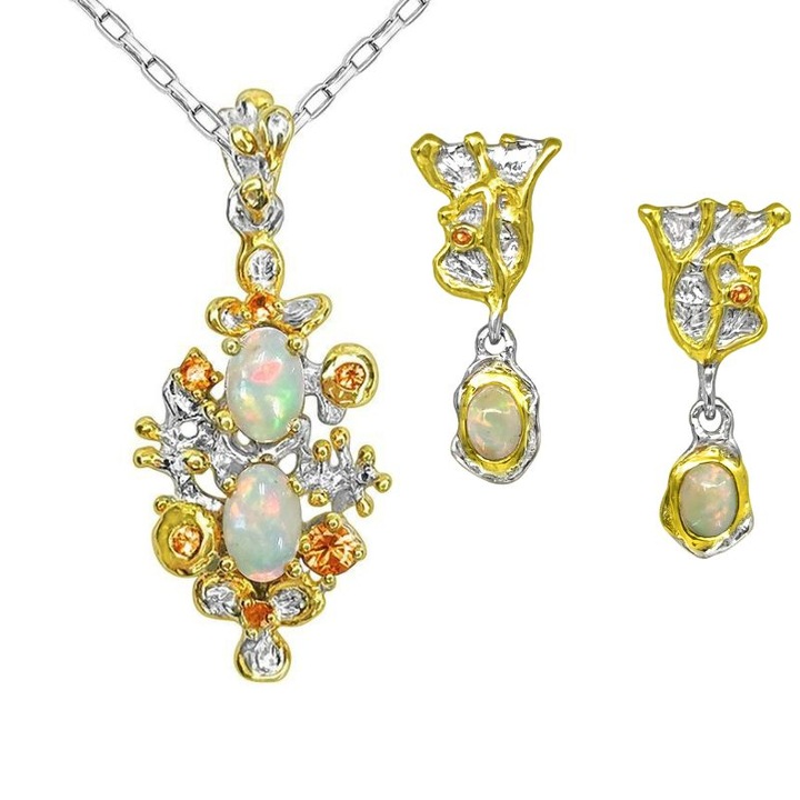Set argint cu opal etiopian si safir portocaliu, placaj aur 22K si rodiu - cercei, colier