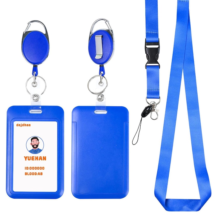 Комплект от 2 държача за лични карти, с прибираща се ролка, Подходящ за офиси, конференции, изложбени зали За бадж, лична карта, карта за достъп, PU/цинкова сплав, 6.9x11 см, Син