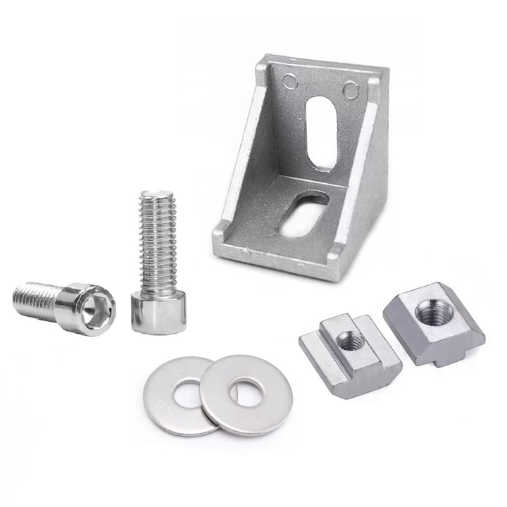 Set, Matik, Coltar pentru profile din aluminiu, 35x40x40 mm, 1 buc., 2 chei ciocan M8 dure, 2 suruburi Allen M8x16, 2 saibe, Argint, Aluminiu anodizat, Asamblare usoara, Versatil, Conexiuni