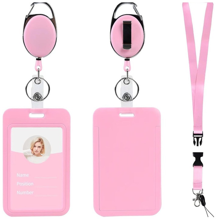 Set 2 suporturi card de identitate, cu rola retractabila, Potrivit pentru birouri, conferinte, sali de expozitiePentru ecuson, legitimatie, card acces, PU/Aliaj de zinc, 6.9x11cm, Roz