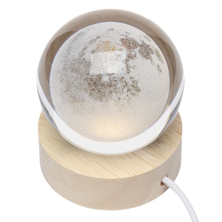 Lampa LED Decorativa, Danex, cu Bila de Cristal cu Diametru 6cm, Model Luna 3D, Alimentare USB, Suport din Lemn, Lumina Alb Cald