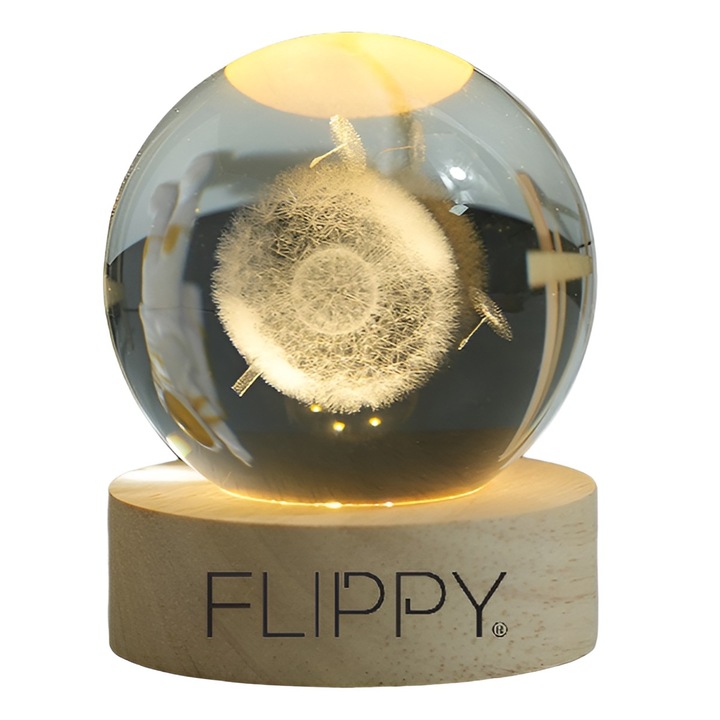 Декоративна LED лампа, Cyrax, с кристална топка с диаметър 6 см, 3D модел глухарче, USB захранване, дървена стойка, топла бяла светлина